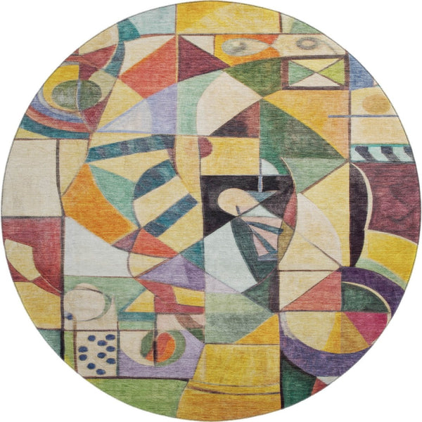 HomeRoots 8' Bold Gold, Purple & Ivory Abstract Washable Round Rug with UV Protection for Modern Spaces 700412
