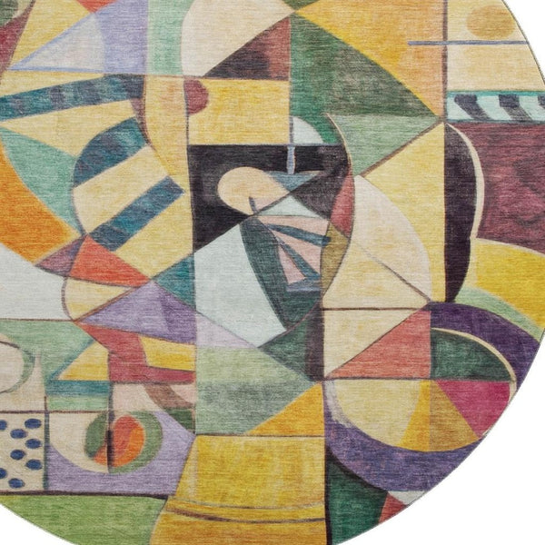 HomeRoots 8' Bold Gold, Purple & Ivory Abstract Washable Round Rug with UV Protection for Modern Spaces 700412
