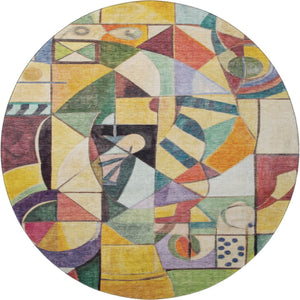 HomeRoots 8' Bold Gold, Purple & Ivory Abstract Washable Round Rug with UV Protection for Modern Spaces 700412