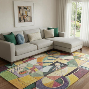 HomeRoots 8' X 10' Stylish Gold, Purple & Ivory Abstract Washable Area Rug with UV Protection & Non-Slip Backing 700413