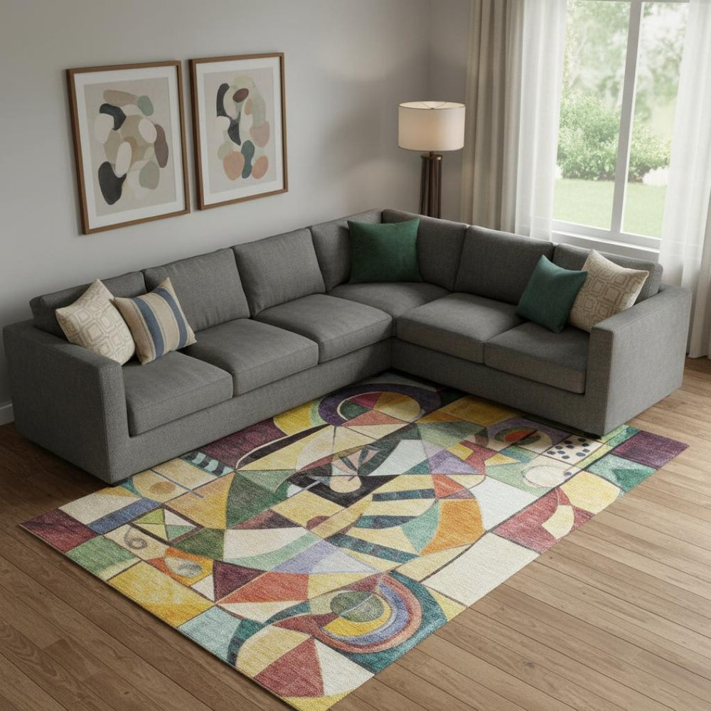 HomeRoots 9' X 12' Bold Gold, Purple, and Ivory Abstract Washable Area Rug with UV Protection for Homes 700414