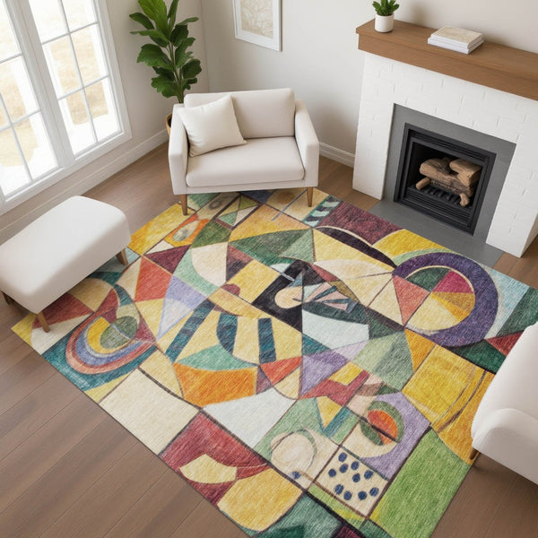 HomeRoots 10' X 14' Gold Purple Ivory Abstract Area Rug – Washable, UV-Protected, Durable & Stylish Decor Piece 700415
