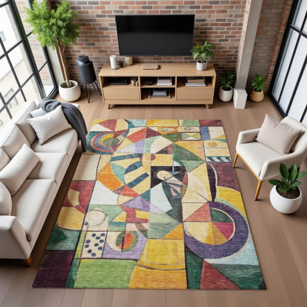 HomeRoots 10' X 14' Gold Purple Ivory Abstract Area Rug – Washable, UV-Protected, Durable & Stylish Decor Piece 700415