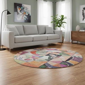 HomeRoots 8' Washable Round Rug in Vibrant Orange, Pink, and Ivory - UV Protected, Non-Slip, Stylish Comfort 700418