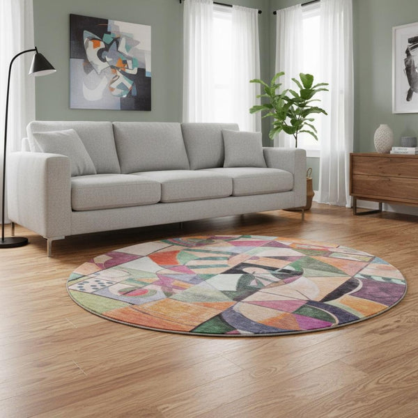 HomeRoots 8' Washable Round Rug in Vibrant Orange, Pink, and Ivory - UV Protected, Non-Slip, Stylish Comfort 700418
