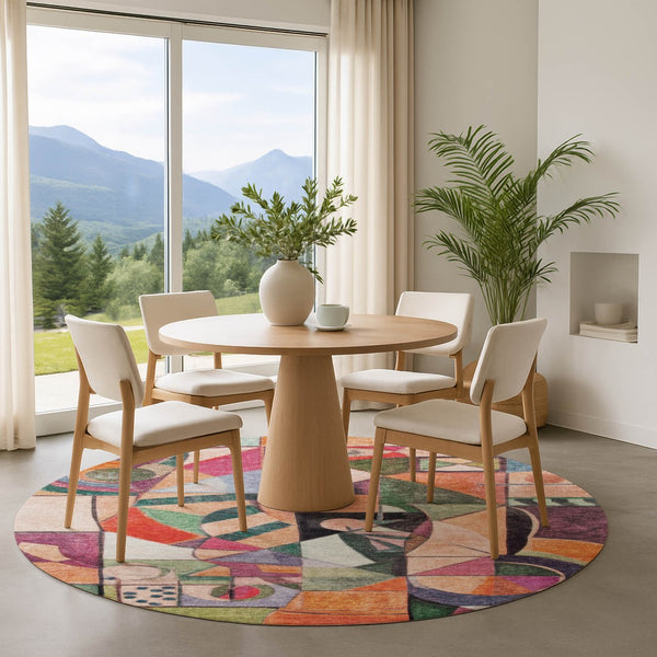 HomeRoots 8' Washable Round Rug in Vibrant Orange, Pink, and Ivory - UV Protected, Non-Slip, Stylish Comfort 700418