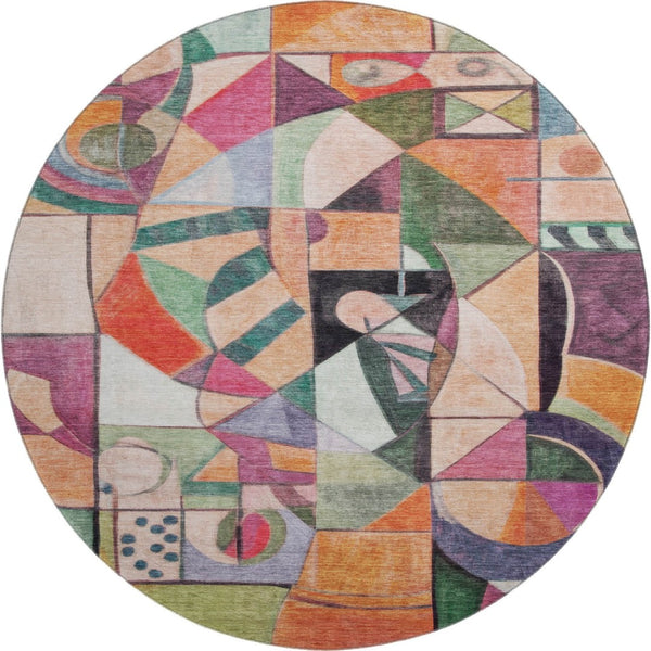 HomeRoots 8' Washable Round Rug in Vibrant Orange, Pink, and Ivory - UV Protected, Non-Slip, Stylish Comfort 700418