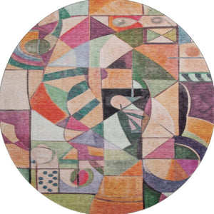 HomeRoots 8' Washable Round Rug in Vibrant Orange, Pink, and Ivory - UV Protected, Non-Slip, Stylish Comfort 700418