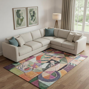HomeRoots 9' X 12' Modern Abstract Washable Area Rug in Vibrant Orange, Pink, Ivory - UV Protected & Durable 700420