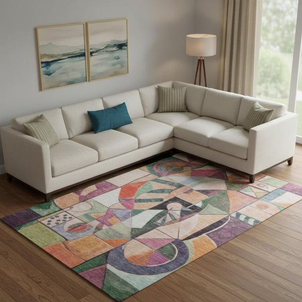HomeRoots 10' X 14' Vibrant Abstract Area Rug in Orange, Pink & Ivory - Washable, UV-Protected & Durable! 700421