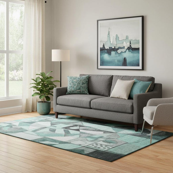HomeRoots 5' X 8' Teal Black and Ivory Abstract Washable Area Rug - UV Protected, Stain-Resistant, Non-Slip! 700423