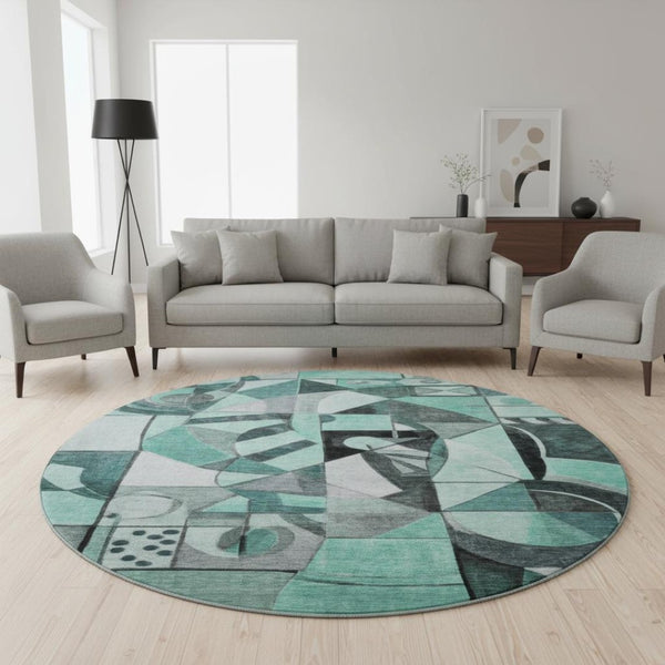 HomeRoots 8' Modern Teal, Black & Ivory Abstract Washable Round Rug with UV Protection for High-Traffic Areas 700424