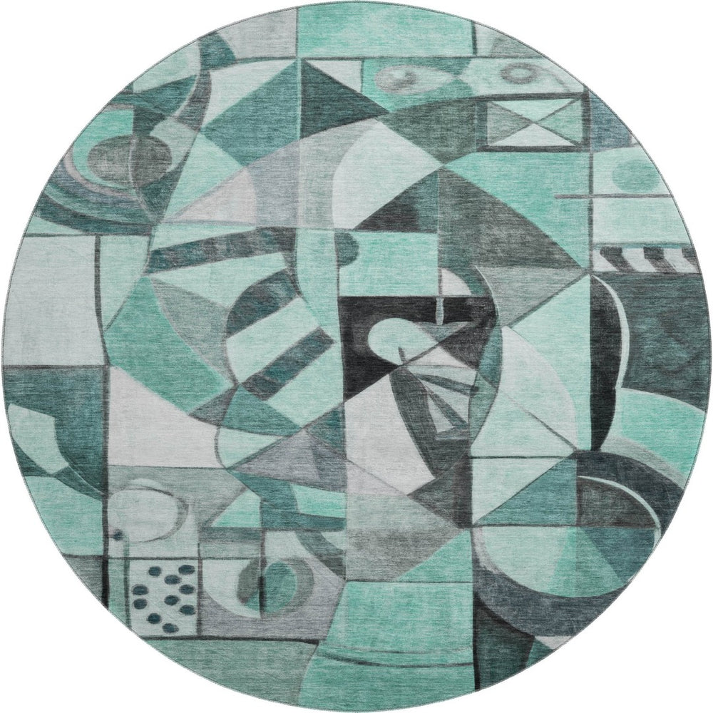 HomeRoots 8' Modern Teal, Black & Ivory Abstract Washable Round Rug with UV Protection for High-Traffic Areas 700424