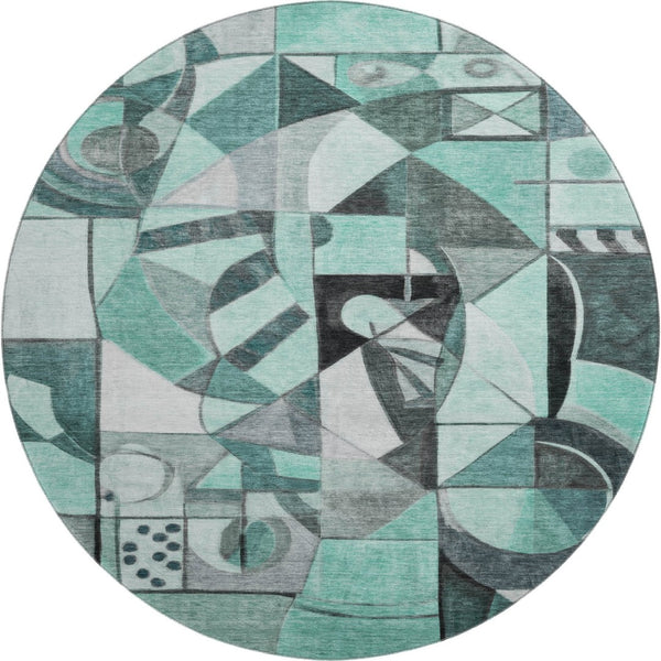 HomeRoots 8' Modern Teal, Black & Ivory Abstract Washable Round Rug with UV Protection for High-Traffic Areas 700424
