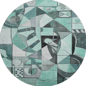 HomeRoots 8' Modern Teal, Black & Ivory Abstract Washable Round Rug with UV Protection for High-Traffic Areas 700424