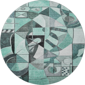 HomeRoots 8' Modern Teal, Black & Ivory Abstract Washable Round Rug with UV Protection for High-Traffic Areas 700424