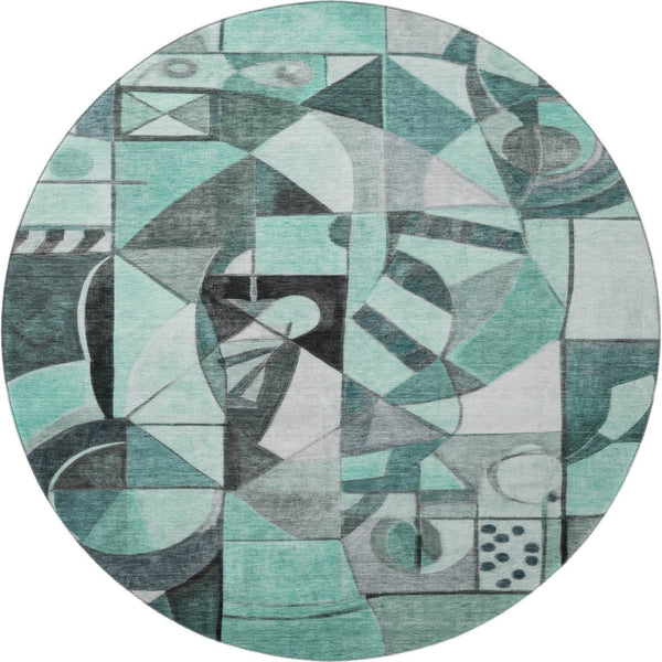 HomeRoots 8' Modern Teal, Black & Ivory Abstract Washable Round Rug with UV Protection for High-Traffic Areas 700424