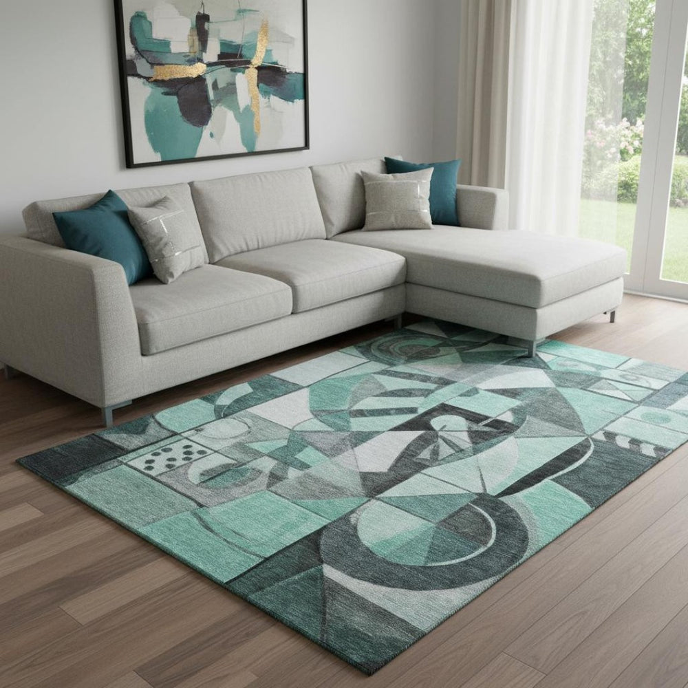 HomeRoots 8' X 10' Abstract Teal Black Ivory Area Rug - Washable, UV-Protected, Durable for Homes with Kids & Pets 700425