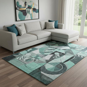 HomeRoots 8' X 10' Abstract Teal Black Ivory Area Rug - Washable, UV-Protected, Durable for Homes with Kids & Pets 700425