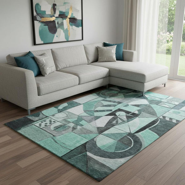 HomeRoots 8' X 10' Abstract Teal Black Ivory Area Rug - Washable, UV-Protected, Durable for Homes with Kids & Pets 700425
