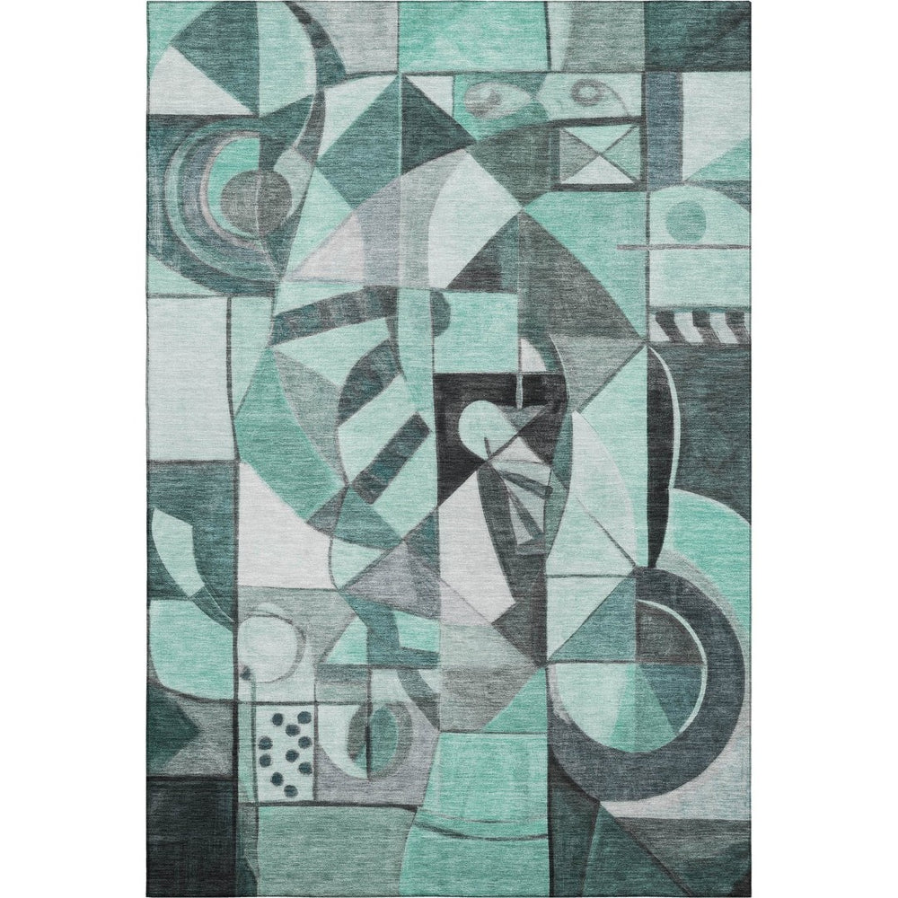 HomeRoots 8' X 10' Abstract Teal Black Ivory Area Rug - Washable, UV-Protected, Durable for Homes with Kids & Pets 700425
