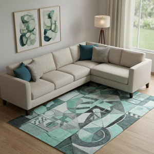 HomeRoots 10' Teal Black Ivory Abstract Area Rug - Washable, UV Protected, Durable for High-Traffic Spaces 700427