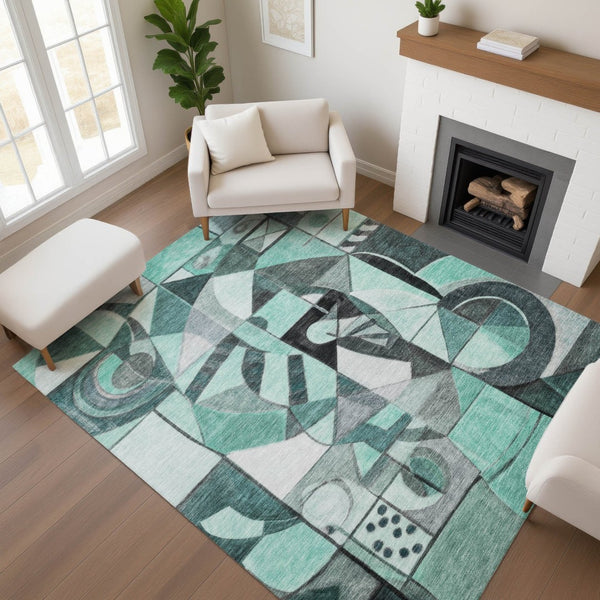 HomeRoots 10' Teal Black Ivory Abstract Area Rug - Washable, UV Protected, Durable for High-Traffic Spaces 700427