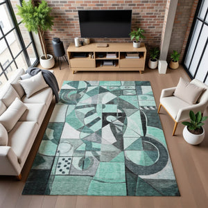 HomeRoots 10' Teal Black Ivory Abstract Area Rug - Washable, UV Protected, Durable for High-Traffic Spaces 700427