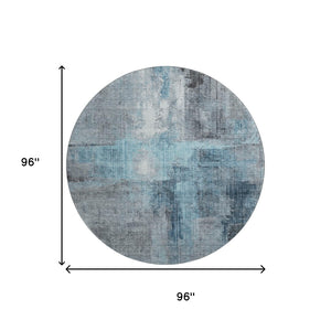 HomeRoots 8' Blue and Gray Abstract Washable Round Rug - Durable, Stylish, UV-Protected for Busy Homes! 700430