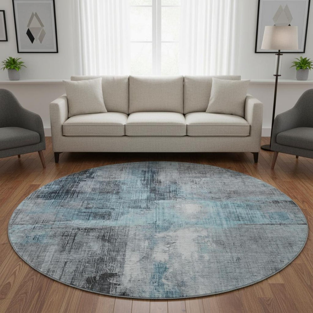 HomeRoots 8' Blue and Gray Abstract Washable Round Rug - Durable, Stylish, UV-Protected for Busy Homes! 700430