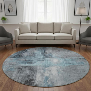HomeRoots 8' Blue and Gray Abstract Washable Round Rug - Durable, Stylish, UV-Protected for Busy Homes! 700430