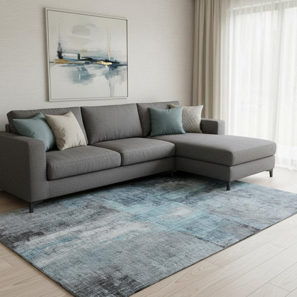 HomeRoots 8' X 10' Modern Blue & Gray Abstract Washable Area Rug with UV Protection for High-Traffic Spaces 700431