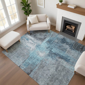 HomeRoots 8' X 10' Modern Blue & Gray Abstract Washable Area Rug with UV Protection for High-Traffic Spaces 700431
