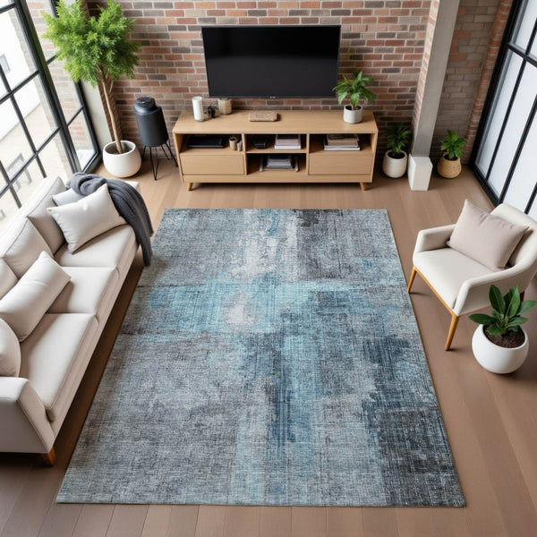 HomeRoots 8' X 10' Modern Blue & Gray Abstract Washable Area Rug with UV Protection for High-Traffic Spaces 700431