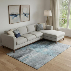 HomeRoots 9' X 12' Blue and Gray Abstract Area Rug – Washable, UV Protected, Kid & Pet Friendly, Non-Slip Backing 700432