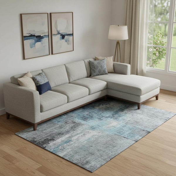 HomeRoots 9' X 12' Blue and Gray Abstract Area Rug – Washable, UV Protected, Kid & Pet Friendly, Non-Slip Backing 700432
