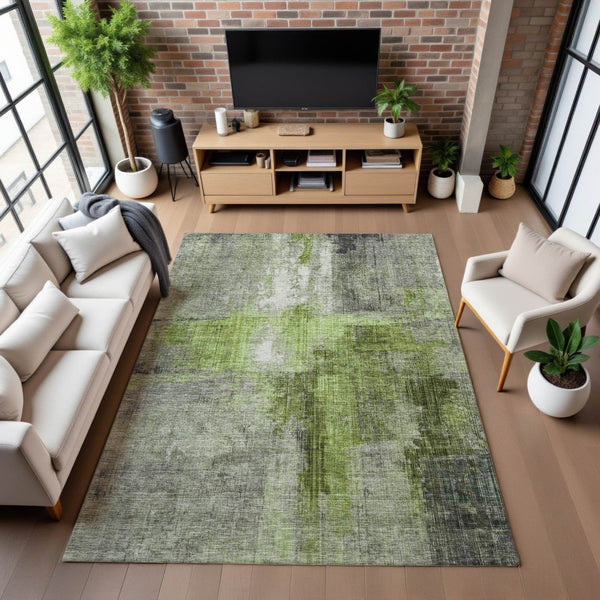 HomeRoots 5' X 8' Stylish Fern Green & Gray Abstract Area Rug - Washable, UV-Protected, Stain-Resistant Design! 700435