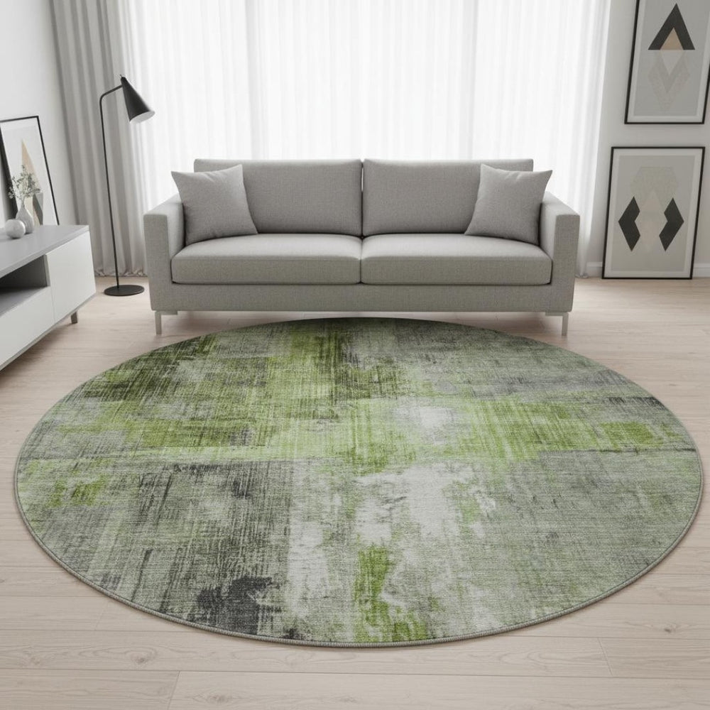 HomeRoots 8' Fern Green and Gray Abstract Washable Round Rug - Stylish, Durable, UV-Protected for Any Space 700436