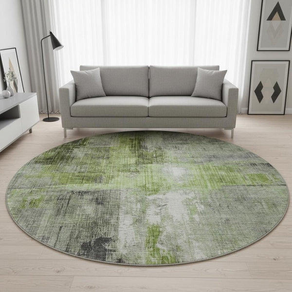 HomeRoots 8' Fern Green and Gray Abstract Washable Round Rug - Stylish, Durable, UV-Protected for Any Space 700436