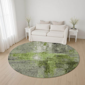 HomeRoots 8' Fern Green and Gray Abstract Washable Round Rug - Stylish, Durable, UV-Protected for Any Space 700436