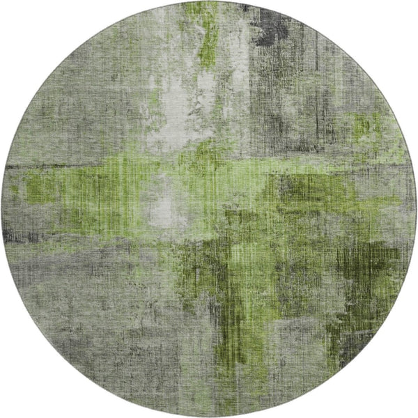 HomeRoots 8' Fern Green and Gray Abstract Washable Round Rug - Stylish, Durable, UV-Protected for Any Space 700436