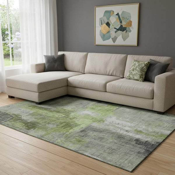 HomeRoots 8' X 10' Fern Green and Gray Abstract Area Rug - Washable, UV Protected, Stain-Resistant for Home Use 700437