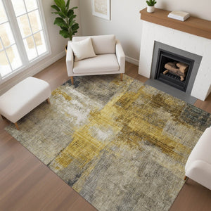 HomeRoots 5' X 8' Stylish Granite Gray and Gold Abstract Area Rug - Durable, Washable, UV-Protected Design! 700441