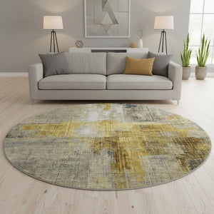 HomeRoots 8' Stylish Granite Gray and Gold Abstract Round Rug - Washable, UV-Protected, Stain-Resistant Design 700442