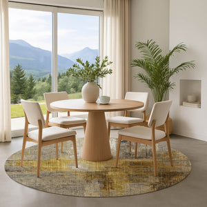 HomeRoots 8' Stylish Granite Gray and Gold Abstract Round Rug - Washable, UV-Protected, Stain-Resistant Design 700442