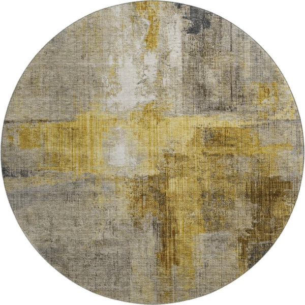 HomeRoots 8' Stylish Granite Gray and Gold Abstract Round Rug - Washable, UV-Protected, Stain-Resistant Design 700442