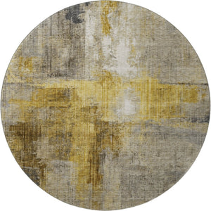 HomeRoots 8' Stylish Granite Gray and Gold Abstract Round Rug - Washable, UV-Protected, Stain-Resistant Design 700442
