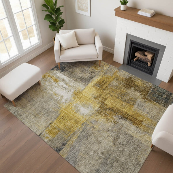HomeRoots 8' X 10' Granite Gray and Gold Abstract Area Rug - Washable, UV Protected, Durable, Modern Design 700443