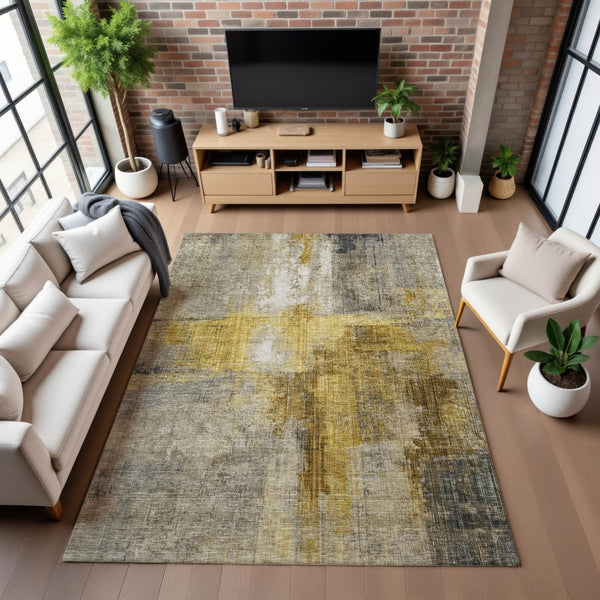 HomeRoots 8' X 10' Granite Gray and Gold Abstract Area Rug - Washable, UV Protected, Durable, Modern Design 700443