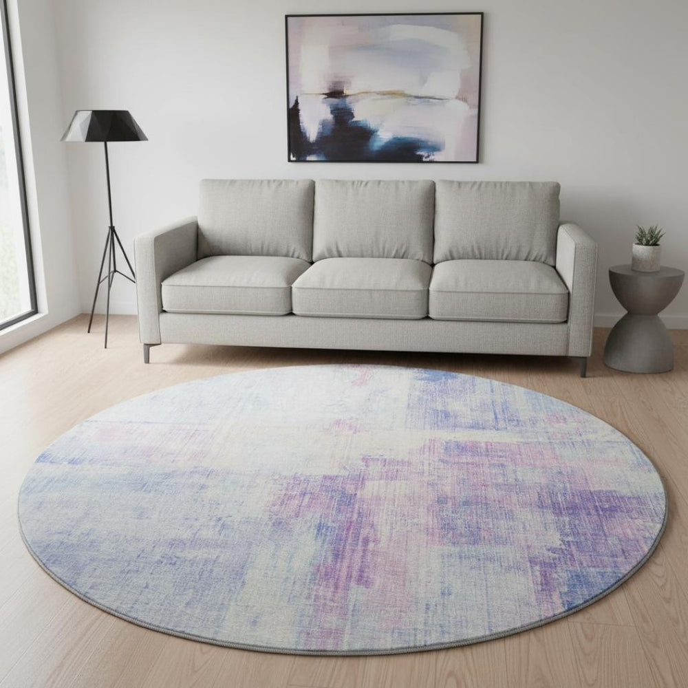 HomeRoots 8' Sky Blue & Ivory Abstract Round Rug - Washable, UV Protected, Stylish & Durable for High-Traffic Areas 700448